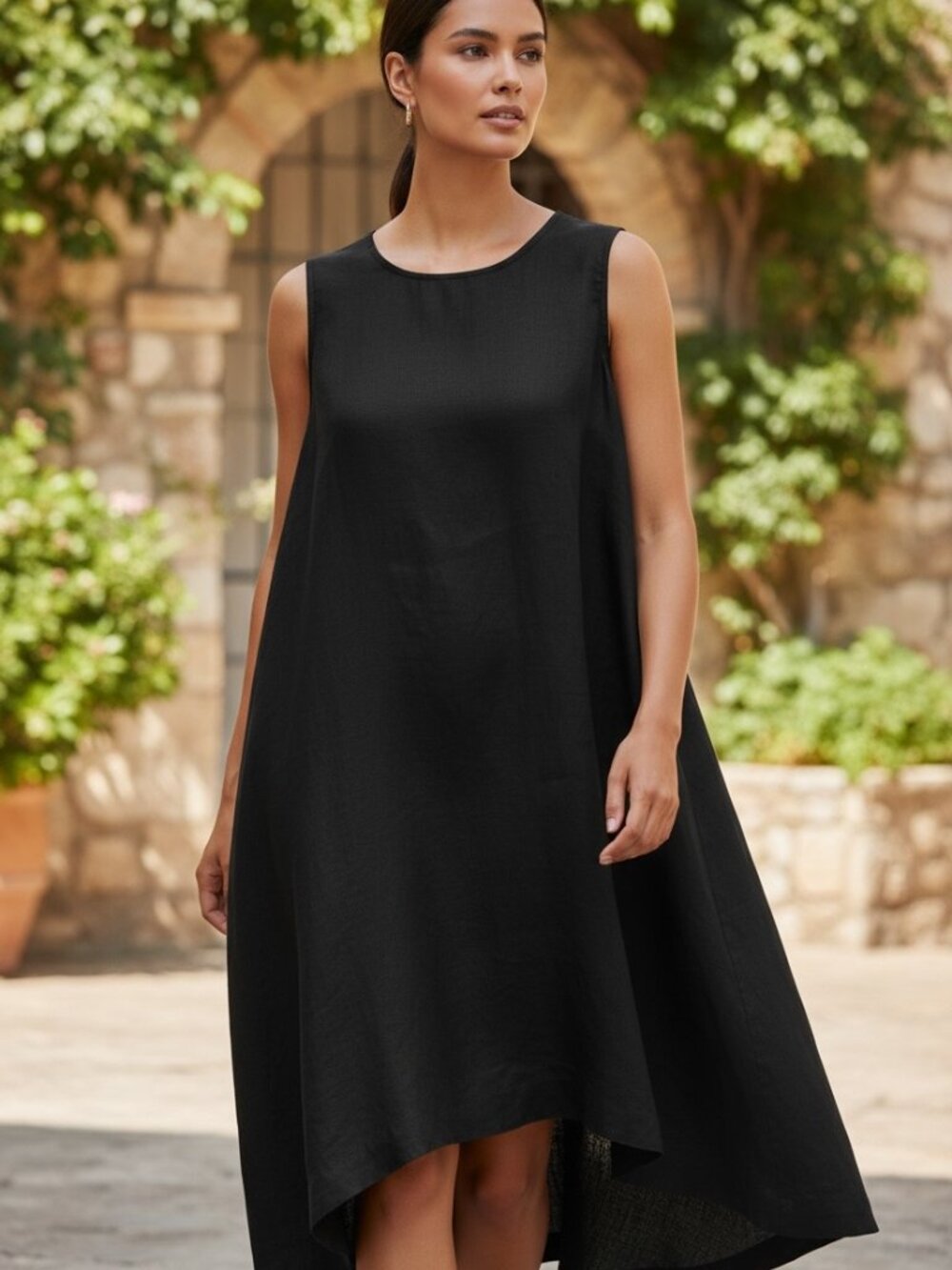 Amazhiyu Women's XL Black Linen Midi Dress Sleeveless A-Line Loose Fit Pockets